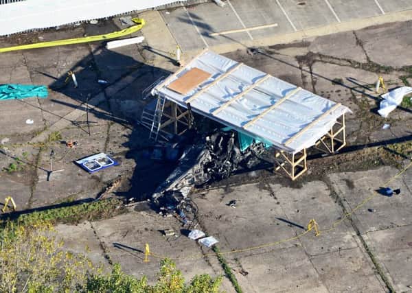 Aerial view of the wreckage of the helicopter that crashed outside the King Power Stadium, in Leicester. Picture: SWNS