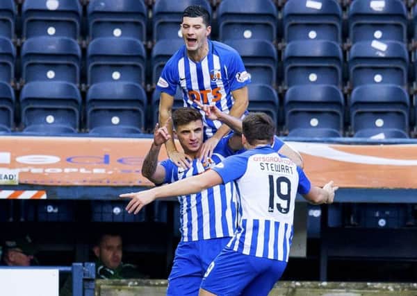 01/12/18 LADBROKES PREMIERSHIP
KILMARNOCK V HIBERNIAN (3-0)
RUGBY PARK - KILMARNOCK
Eamonn Brophy celebrates after scoring to make it 1-0 Kilmarnock.