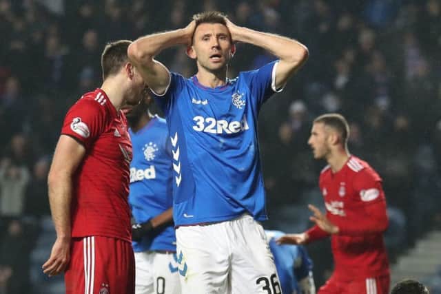 Rangers' Gareth McAuley reacts to a missed chance during the 1-0 defeat by Aberdeen. Picture: Andrew Milligan/PA Wire
