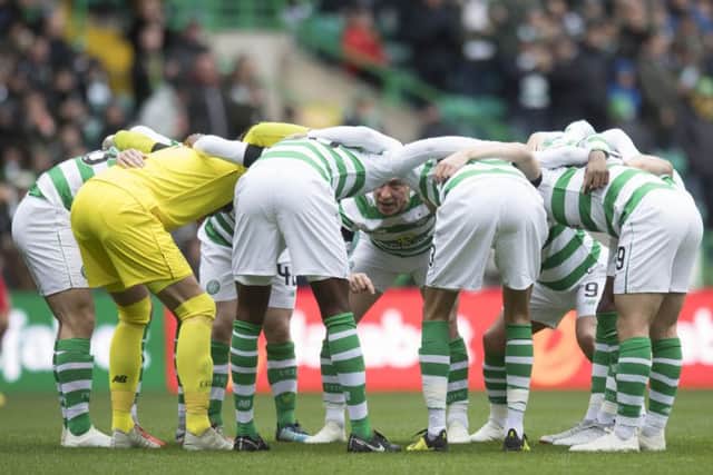 Scott Brown addresses the players in the Celtic huddle before a match. Picture: SNS Group