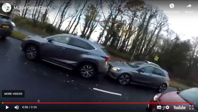 A still from the cyclist's video showing the Glasgow driver rear-ending another car