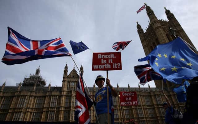 Anti-Brexit demonstrator Steve Bray holds a sign that reads "Brexit. Is it worth it?" Photo by Daniel LEAL-OLIVAS / AFP