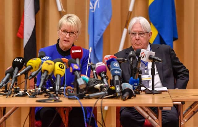Swedish Foreign minister Margot Wallstrom (L) and UN special envoy to Yemen Martin Griffiths. Photo by Stina STJERNKVIST / TT News Agency / AFP