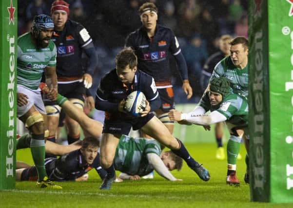 Edinburgh's Chris Dean goes over to score a try against Newcastle. Picture: Ross Parker/SNS/SRU