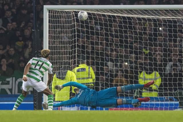 Aberdeen goalkeeper Joe Lewis saves Celtic's Scott Sinclair's penalty in the Betfred Cup final. Picture: SNS