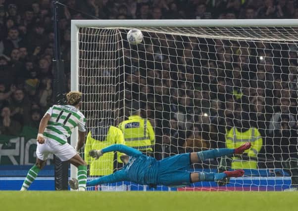 Aberdeen goalkeeper Joe Lewis saves Celtic's Scott Sinclair's penalty in the Betfred Cup final. Picture: SNS