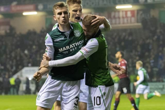Hibs celebrate Oli Shaw's goal. Pic: SNS/Ross Parker