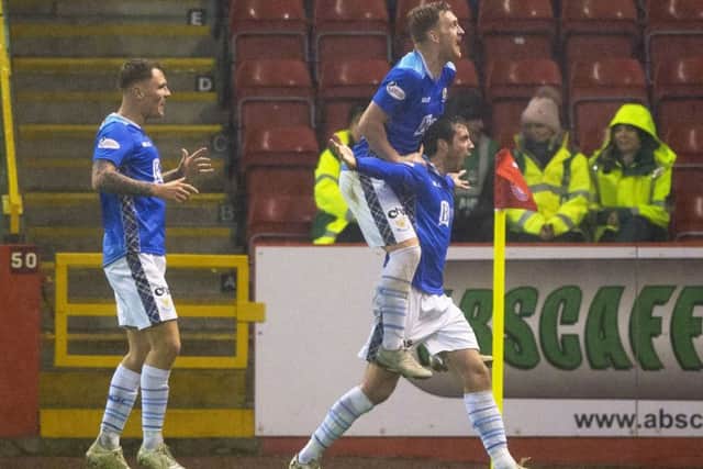 St Johnstone's Joe Shaughnessy (R) celebrates. Pic: SNS/Bill Murray