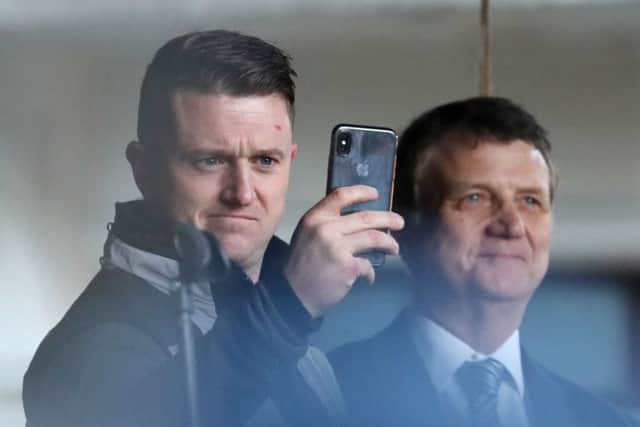 Tommy Robinson (left) and UK Independence Party Leader Gerard Batten (right) at a rally after taking part in a "Brexit Betrayal" march organised by Ukip in central London. Picture: Gareth Fuller/PA Wire