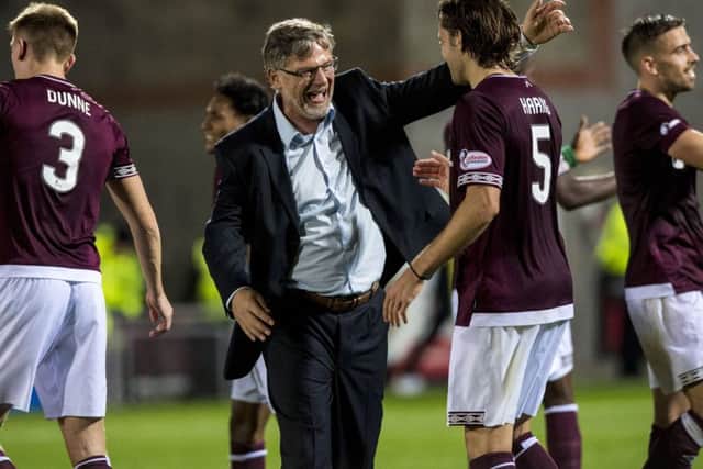 Hearts manager Craig Levein celebrates with Peter Haring at full-time after his team battled for a 1-0 victory over Motherwell. Picture: SNS.