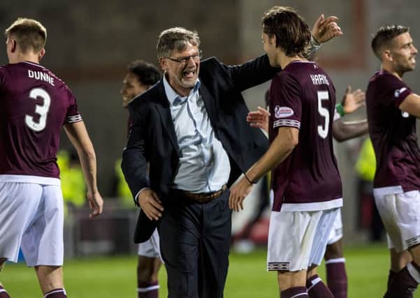 Hearts manager Craig Levein celebrates with Peter Haring at full-time after his team battled for a 1-0 victory over Motherwell. Picture: SNS.
