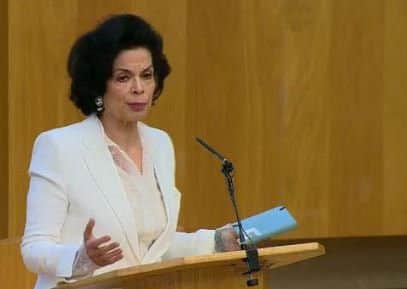 Bianca Jagger was speaking at the Scottish Parliament to markt he 70th anniversary of the United Nations adopting the Universal Declaration of Human Rights. Picture: Scottish Parliament