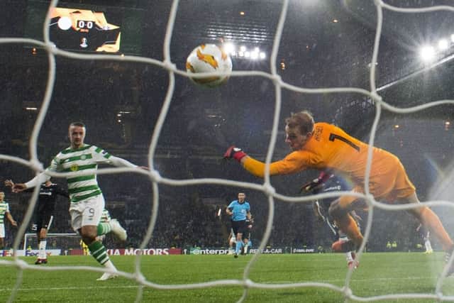 Leigh Griffiths scores the goal against Rosenborg which put him level with Willie Wallace and Steve Chalmers in fifth place on Celtics all-time list of European scorers. Picture: Rob Casey/SNS