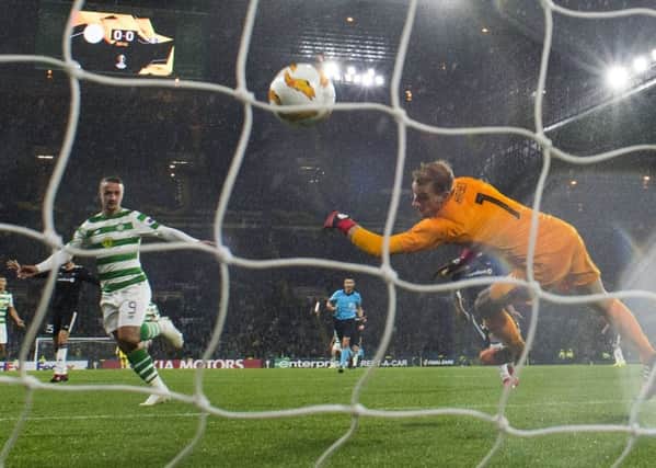 Leigh Griffiths scores the goal against Rosenborg which put him level with Willie Wallace and Steve Chalmers in fifth place on Celtics all-time list of European scorers. Picture: Rob Casey/SNS