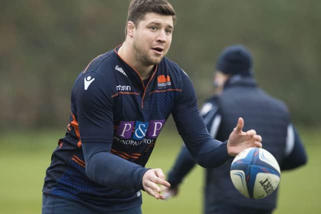 Edinburghs Grant Gilchrist takes part in training ahead of their European Champions Cup clash with Newcastle Falcons. Picture: Paul Devlin/SNS/SRU