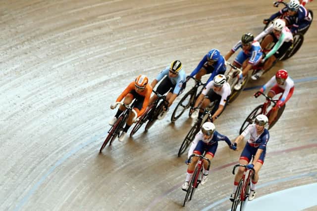 Katie Archibald, bottom right, and Laura Kenny compete in the Madison at the European Championships in Glasgow in August. Picture: Bryn Lennon/Getty