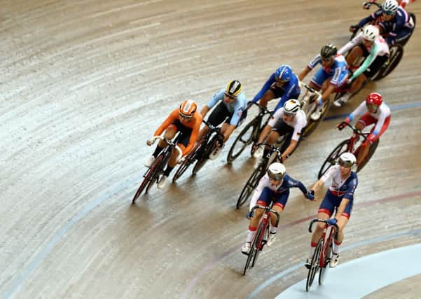 Katie Archibald, bottom right, and Laura Kenny compete in the Madison at the European Championships in Glasgow in August. Picture: Bryn Lennon/Getty