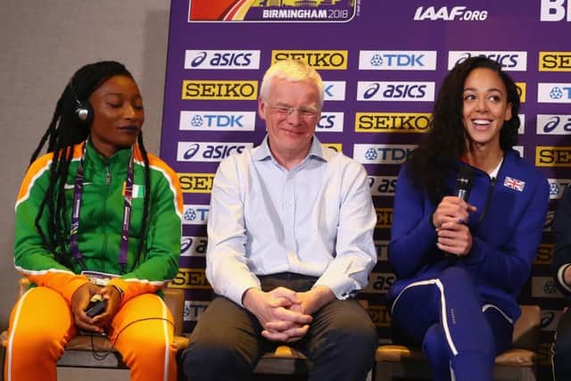 UK Athletics chair Richard Bowker flanked by athletes Katarina Johnson-Thompson, right, and Marie-Josée Ta Lou, left. Picture: Michael Steele/Getty Images for IAAF