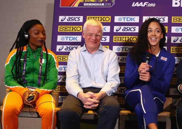 UK Athletics chair Richard Bowker flanked by athletes Katarina Johnson-Thompson, right, and Marie-JosÃ©e Ta Lou, left.  Picture: Michael Steele/Getty Images for IAAF