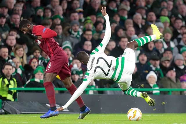 Salzburg's Jerome Onguene Odsonne Edouard battle for the ball during the UEFA Europa League encounter. Picture: PA