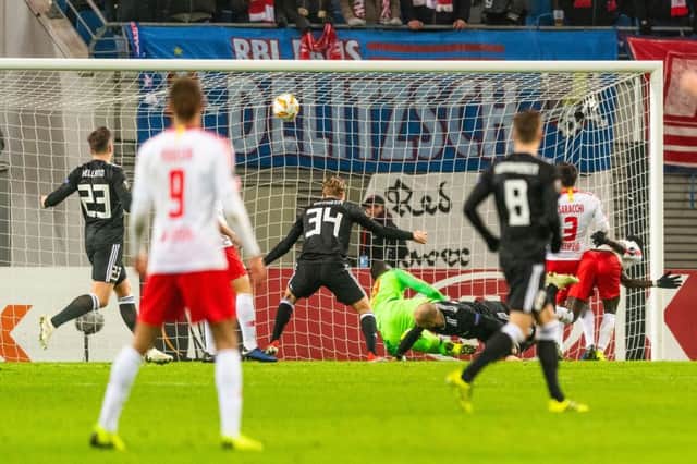 Rosenborg's defender Tore Reginiussen heads into the back of the net, stunning hosts RB Leipzig. Picture: AFP