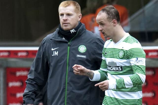 Lennon with Griffiths in April 2014. The Hibs boss signed the striker for Celtic from Wolves during his stint as Parkhead boss. Picture: SNS Group