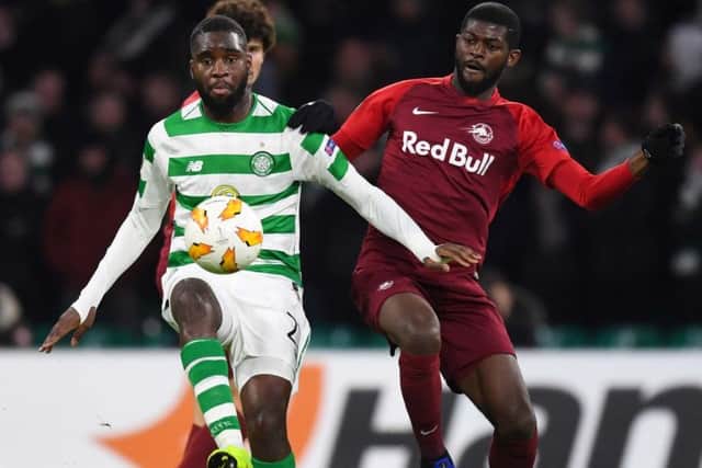 Celtic's Odsonne Edouard holds off RB Salzburg's Jerome Onguene. Picture: Craig Williamson/SNS