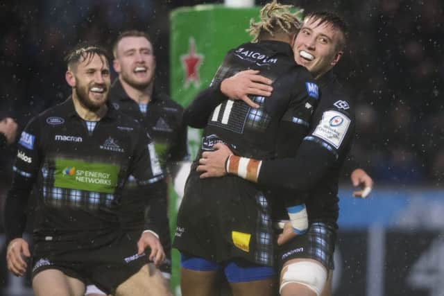 Glasgow Warriors' Matt Fagerson and Niko Matawalu celebrate. Pic: SNS/SRU/Gary Hutchison
