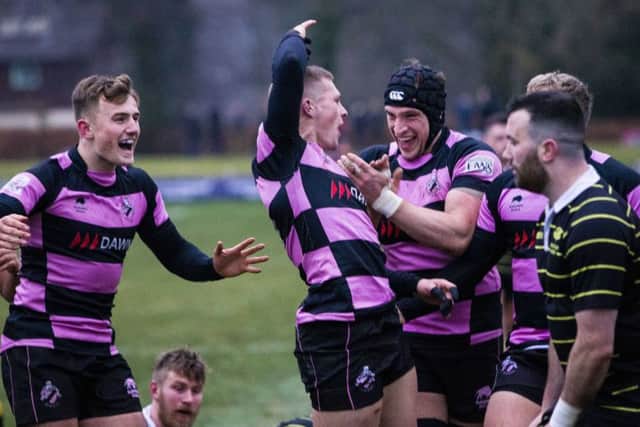 Ayr's Kyle Rowe celebrates his try. Pic: SNS/SRU/Bruce White