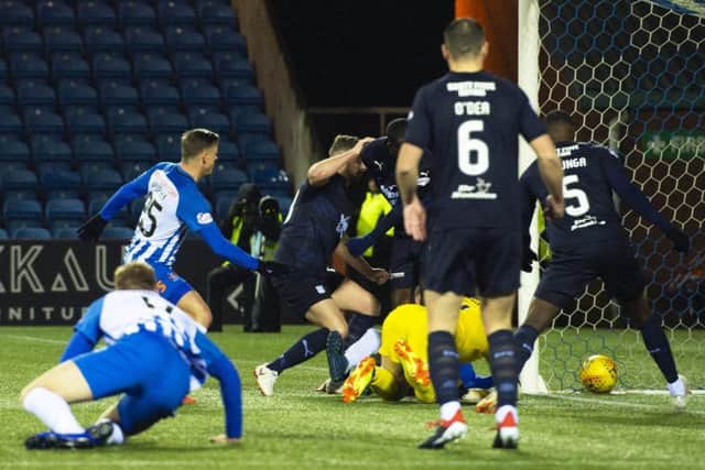 The ball trundles over the line to give Kilmarnock the lead. Pic: SNS/Alan Harvey