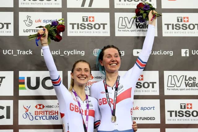 Katie Archibald, right, and Laura Kenny of Great Britain celebrate after winning the women's Madison final in London. Picture: Steven Paston/PA