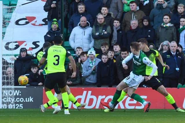 Vykintas Slivka puts Hibs ahead against Celtic. Picture: SNS/Craig Foy