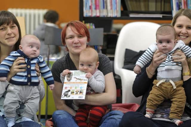 Three baby boys named Jack with their mothers. From left, Hazel McMillan with Jack, Amy Lennox with Jack, and Jenny O'Shea with Jack (aged 5 months)
. Picture: Neil Hanna