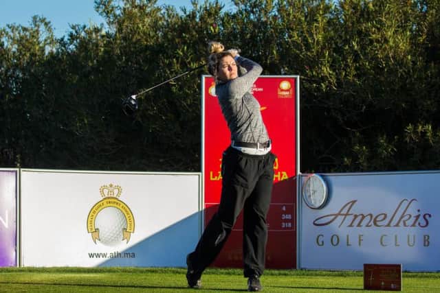 Scottish amateur Alison Muirhead tees off at Amelkis Golf Ciub on her way to a  two-under-par 70 in the third round in Morocco. Picture: Tristan Jones