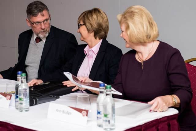 Hearts manager Craig Levein, finance director Jacqui Duncan and, right, owner Ann Budge. Picture: Ross Parker/SNS