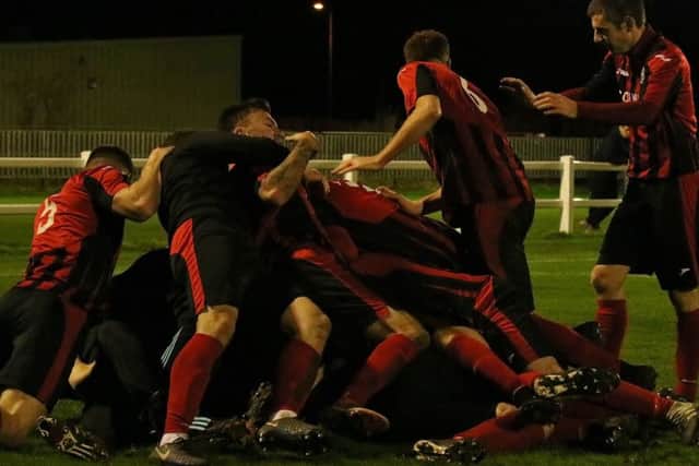 Dalbeattie Star players celebrate Lewis Sloan's winner against Edinburgh University (picture: Dalbeattie Star)
