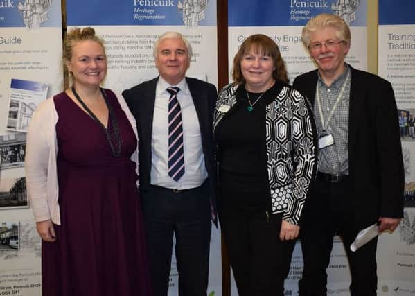 Penicuik Heritage Regeneration Project Launch event. L-R: Councillors Debbi McCall and Russell Imrie; Donella Steel, Director of Finance at Historic Environment Scotland and Rod Lugg, Project Officer.