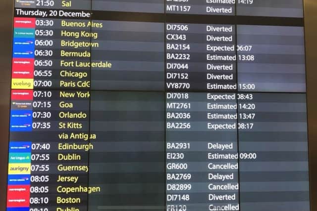 The arrivals board at Gatwick Airport this morning, showing cancelled, diverted and delayed flights due to drones being flown near the main runway. Picture: Thomas Hornall/PA Wire