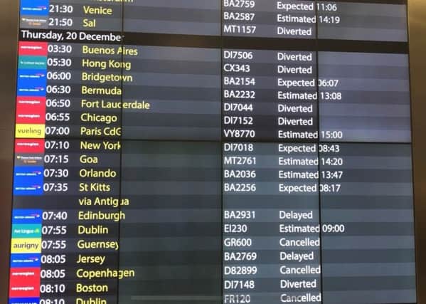 The arrivals board at Gatwick Airport on Thursday, showing cancelled, diverted and delayed flights due to drones being flown near the main runway. Picture: Thomas Hornall/PA Wire