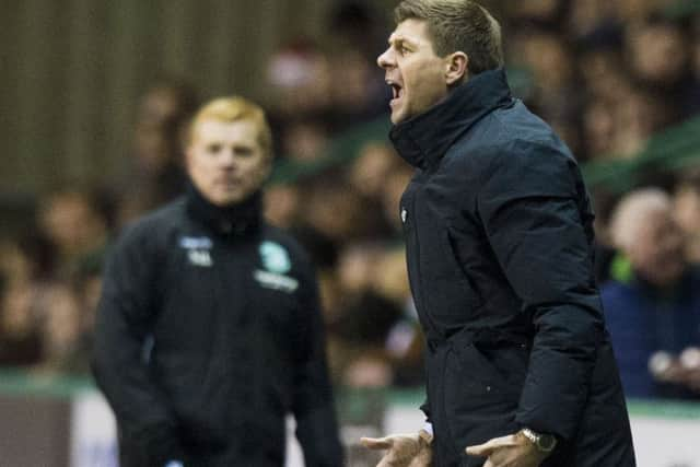 Steven Gerrard barks instructions from the touchline as Neil Lennon looks on. Picture: SNS Group