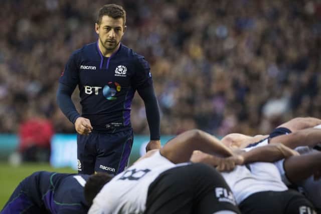 Greig Laidlaw patrols the back of the Scotland scrum against Fiji. Picture; Paul Devlin/SNS