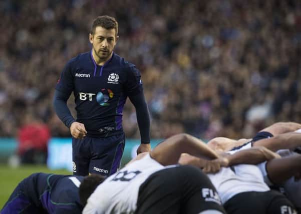 Greig Laidlaw patrols the back of the Scotland scrum against Fiji. Picture; Paul Devlin/SNS