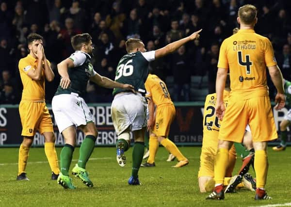 Hibernian's Ryan Porteous celebrates equalising for the hosts. Pic: SNS/Rob Casey