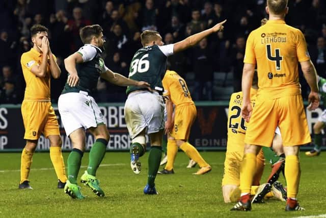 Hibernian's Ryan Porteous celebrates equalising for the hosts. Pic: SNS/Rob Casey