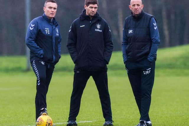 Rangers manager Steven Gerrard (centre) with Tom Culshaw and Gary McAllister. Picture: SNS