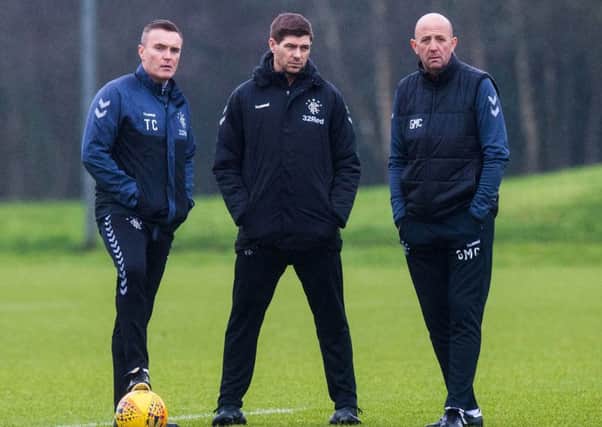 Rangers manager Steven Gerrard (centre) with Tom Culshaw and Gary McAllister. Picture: SNS