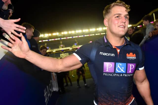 South African Duhan van der Merwe receives the plaudits of the Edinburgh fans at full-time after his two tries. Picture: SNS/SRU
