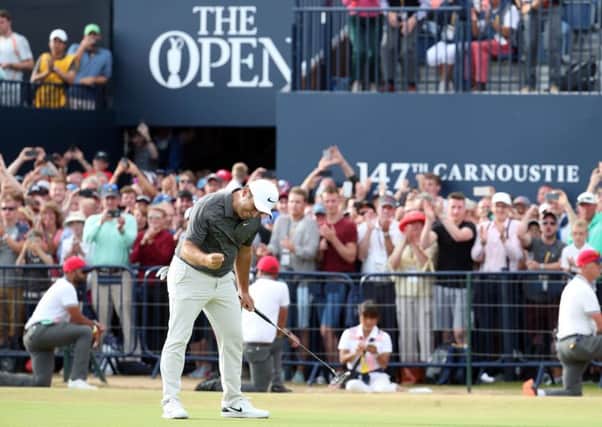 Francesco Molinari celebrating making birdie on the 18th during day four of The Open Championship 2018 at Carnoustie Golf Links, Angus. Picture: PA