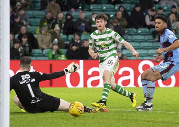 Anthony Ralston hits the post with a second-half chance in Saturdays win over Dundee. Picture: SNS.