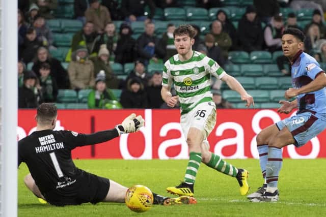 Anthony Ralston hits the post with a second-half chance in Saturdays win over Dundee. Picture: SNS.
